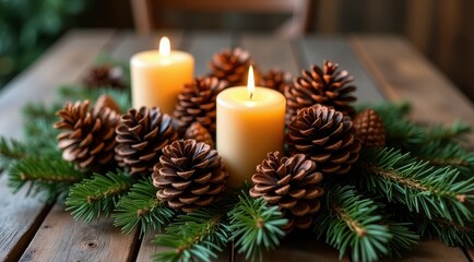 Cozy candlelit centerpiece featuring pine cones and evergreen branches on a rustic wooden table