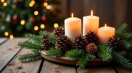 Candles surrounded by pinecones and greenery create a cozy holiday ambiance, with a Christmas tree softly glowing in the background