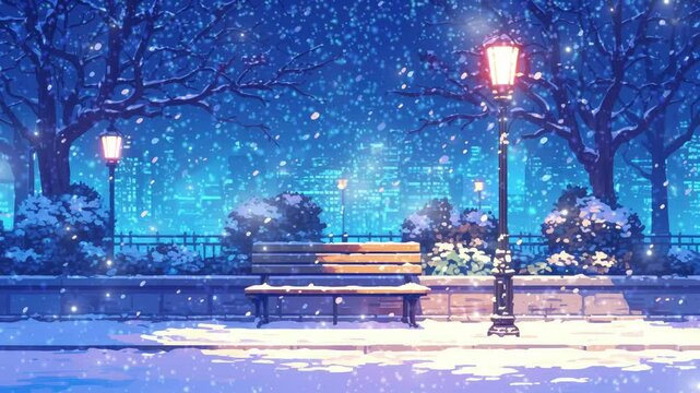 A serene park lit by streetlights as snowflakes gracefully fall. stream overlay seamless loop Vtuber streamer asset twitch zoom OBS screen animated wallpaper virtual background