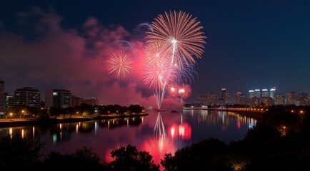 Bright red and gold fireworks illuminate the night sky over a cityscape, celebrating the New Year