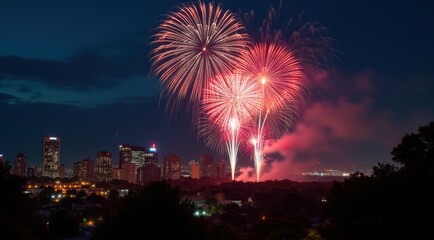 Fototapeta premium Bright red and gold fireworks illuminate the night sky over a cityscape, celebrating the New Year
