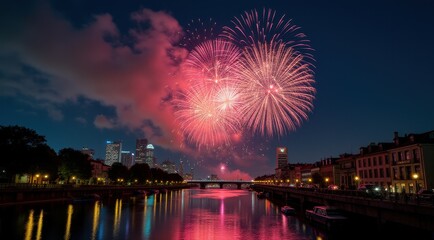 Bright red and gold fireworks illuminate the night sky over a cityscape, celebrating the New Year
