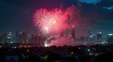 Fototapeta premium Bright red and gold fireworks illuminate the night sky over a cityscape, celebrating the New Year