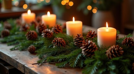 Four glowing candles surrounded by pine cones and evergreen branches create a warm and festive holiday ambiance on a rustic wooden table
