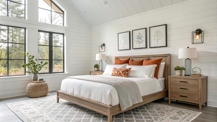 bright and cozy modern farmhouse bedroom with white walls, roman blind made of natural linen, soft neutral decor
