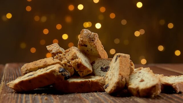 Delicious Christmas cookies cantucci are falling on the wooden surface on a background of Christmas lights. High quality 4k footage