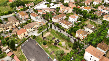 Aerial view of the historic center of Casciana Terme, Pisa, olive trees and vineyards in the background