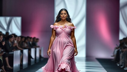 Confident plus-size model wearing flowing pink evening gown on fashion runway. Professional model showcasing inclusive haute couture design at prestigious fashion show with dramatic lighting