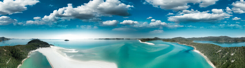 Whitehaven Beach aerial view. Panorama from a drone viewpoint. Whitsunday Islands, Australia