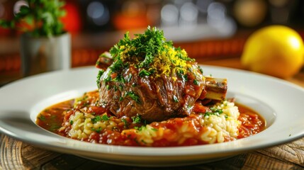 Fototapeta premium A mouthwatering plate of Italian osso buco, braised veal shanks served with gremolata and creamy risotto Milanese