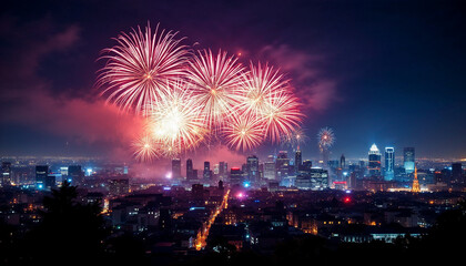 City skyline at midnight with vibrant fireworks and illuminated buildings.