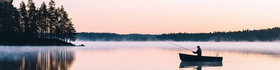 Obraz premium angler casting rod from small boat on serene lake at down, concept of fishing, hobby, solitude, outdoor recreation, advertising of fishing gear and places for fishing