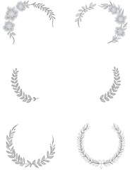 Black and white set featuring floral round frames and laurel wreaths with decorative vintage line elements in a retro vintage style.