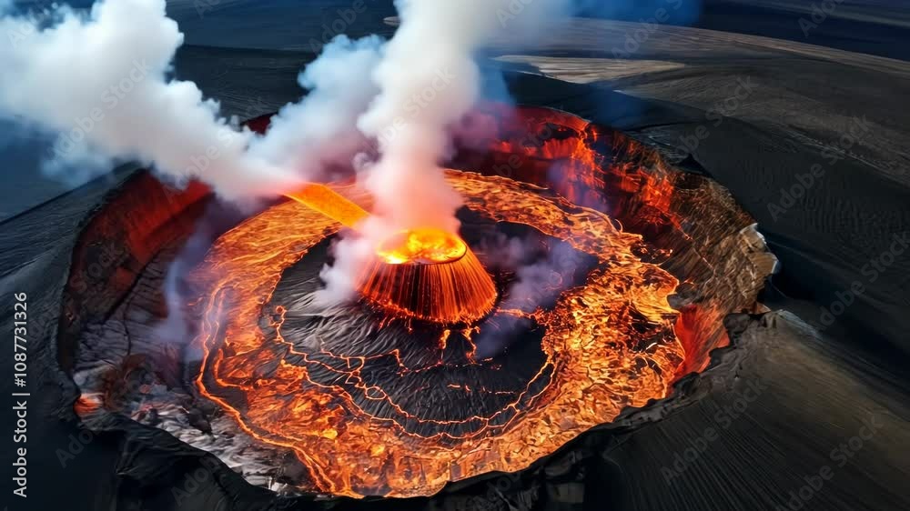 Wall mural volcano eruption from a bird view. volcano crater and magma flow shot from above