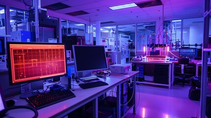 A high-tech lab with laser equipment set up for experiments, and computer screens displaying precise measurements and outcomes.