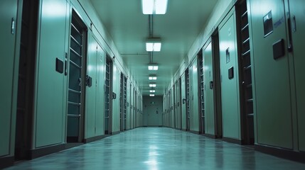 A Long, Empty Prison Corridor with Rows of Closed Cell Doors