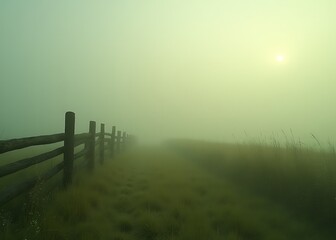 Fototapeta premium Calm atmospheric meadow scene featuring a rustic wooden fence, ideal serene footage for social media platforms like TikTok and Instagram.
