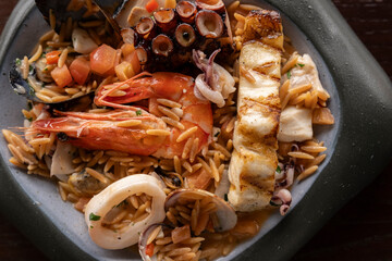 shrimp, octopus, salmon, mussel dinner plate