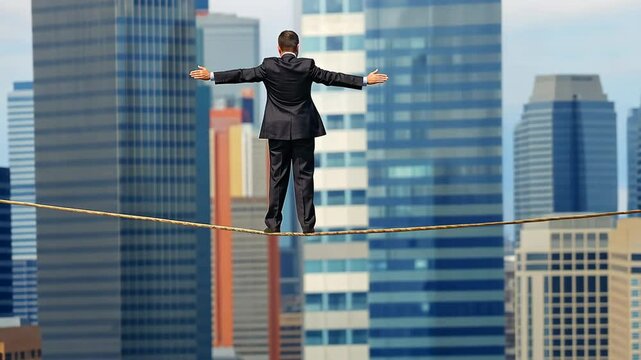 A tightrope walker businessman stands on a rope stretched between skyscrapers. Business risk concept.