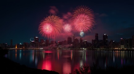 Fototapeta premium Vibrant red fireworks lighting up a night city skyline during new year celebrations