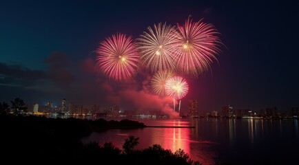 Vibrant red fireworks lighting up a night city skyline during new year celebrations
