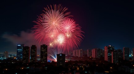 Vibrant red fireworks lighting up a night city skyline during new year celebrations