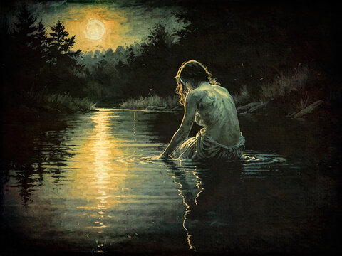 Eine junge Frau sitzt in einem ruhigen Fluss unter dem Vollmond und betrachtet ihr Spiegelbild