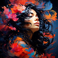 Naklejka premium Dynamic representation of a woman with expressive features and vibrant color palette. Captures mood and creativity, makining it a versatile choice for art, photography, and marketing use.