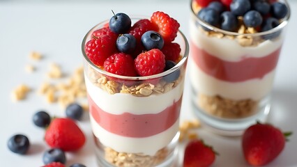Colorful parfaits made with layered fruit yogurt granola and sweet berries are a tasty healthy snack option for young kids at school.