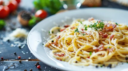 A mouthwatering plate of Italian spaghetti carbonara, pasta tossed with pancetta