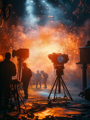 Fototapeta premium Dreharbeiten für einen Film mit Futuristische Stadtlandschaft mit Silhouetten und Copy Space