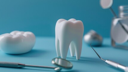 dental care, tooth model, dentist tools, oral hygiene, medical equipment, dental health, healthcare background, blue colors