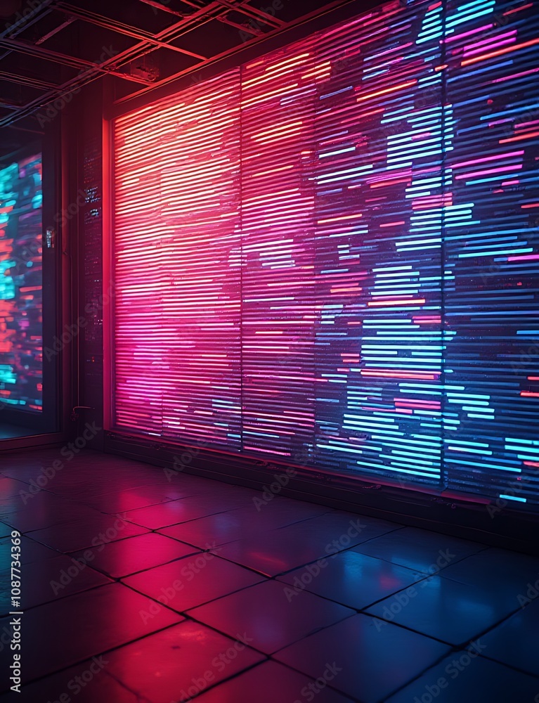 Poster digital abstract geometric background with a modern art concept involving a bright and colorful test screen affected by glitch noise and texture.