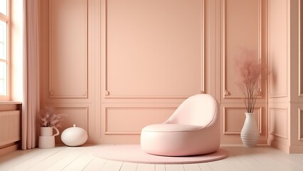 ene yoga and meditation space features a pink chair against pale peach walls surrounded by classic panel designs and minimalist modern furniture.