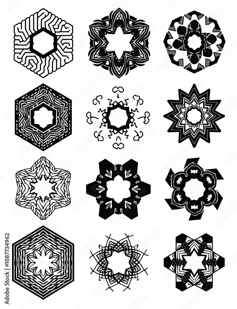 Aufkleber et of abstract geometric hexagonal graphic designs featuring seamless patterns and vectors, suitable for use as a technology or background motif.