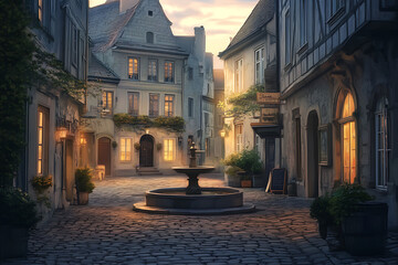 Obraz premium Charming cobblestone street in a quaint European village during twilight with warm glowing lights