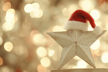 Weihnachtlicher Holzstern mit rotem Hut vor Lichtern

