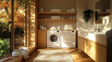 A modern laundry room featuring appliances, shelves, and natural light.