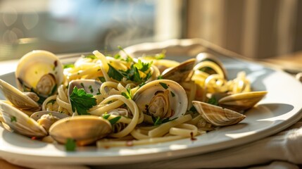 A mouthwatering plate of linguine alle vongole tossed with clams, garlic