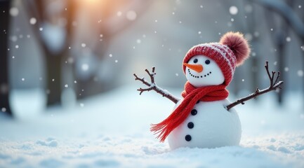 Fototapeta premium Cheerful snowman wearing a red hat and scarf standing in a snowy winter forest