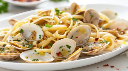 A mouthwatering plate of linguine alle vongole tossed with clams, garlic