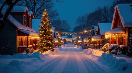 Fototapeta premium Quaint snow-covered village street decorated with holiday lights during a winter evening