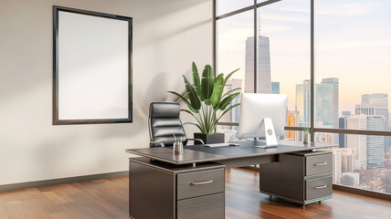 Blank poster in frame on wall in Modern office. 3D rendering
