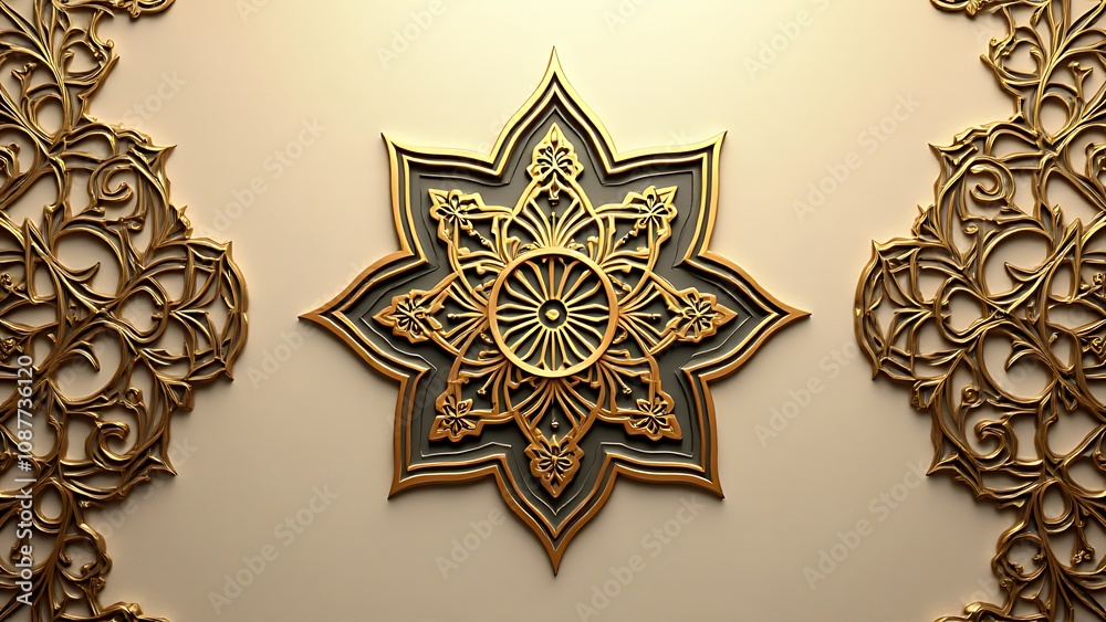 Poster geometric islamic ornament featuring a dark gold color scheme on a luxury beige background with orna