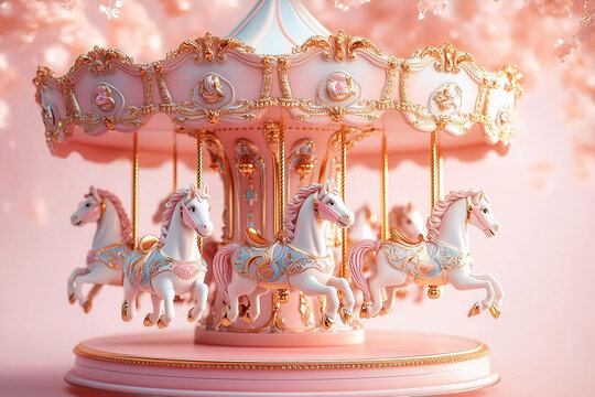 A whimsical animated carousel featuring graceful white horses on a pastel pink backdrop, perfect for children's decor, birthday celebrations, or nursery themes.
