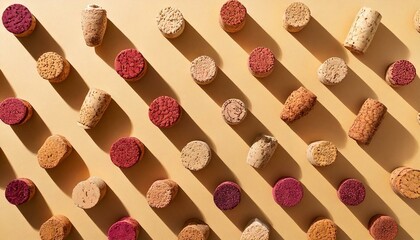 Pattern with wine corks from white and red wine on beige pastel color background with hard light and shadow at sunlight. Trend layout with bottle cap wooden cork, top view, minimal flat lay