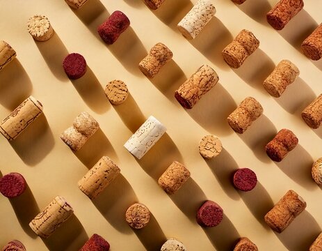 Pattern with wine corks from white and red wine on beige pastel color background with hard light and shadow at sunlight. Trend layout with bottle cap wooden cork, top view, minimal flat lay