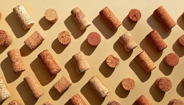 Pattern with wine corks from white and red wine on beige pastel color background with hard light and shadow at sunlight. Trend layout with bottle cap wooden cork, top view, minimal flat lay