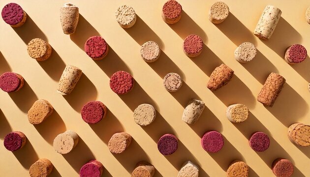 Pattern with wine corks from white and red wine on beige pastel color background with hard light and shadow at sunlight. Trend layout with bottle cap wooden cork, top view, minimal flat lay