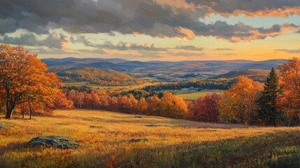 Fototapeta premium Autumn hills bathed in soft golden light with a panoramic view of the valley